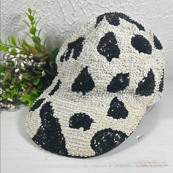 JC Sequin Black and White/ Cream Hat Elastic Back Cowhide or Dalmatian Pattern - Picture 2 of 14